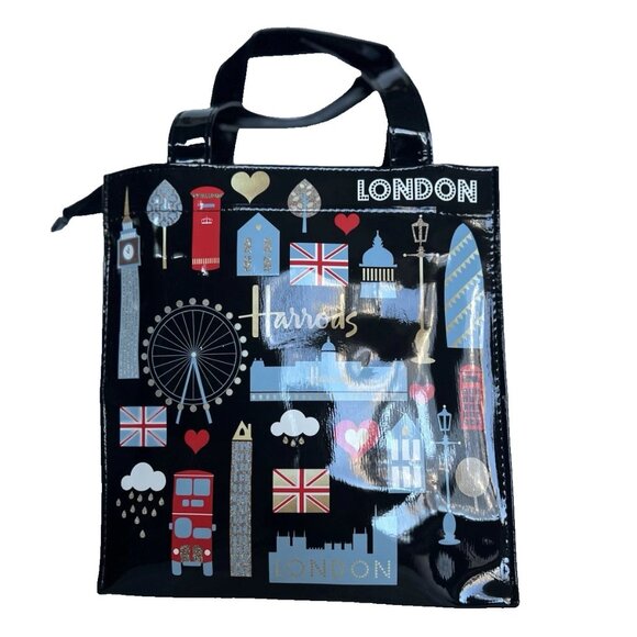 HARRODS LONDON PVC Shopping Tote Bag Glossy Black Multicolor Small BNWOT - Picture 1 of 7